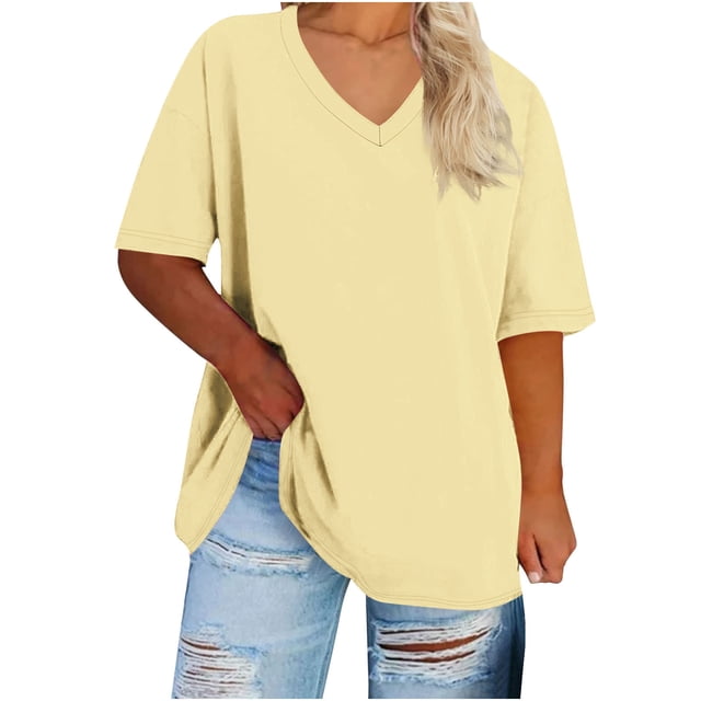 FAIWAD Womens Tops Summer Plus Size Casual V Neck Short Sleeve Drop Shoulder T-Shirt Loose Comfy Basic Tunic Tops