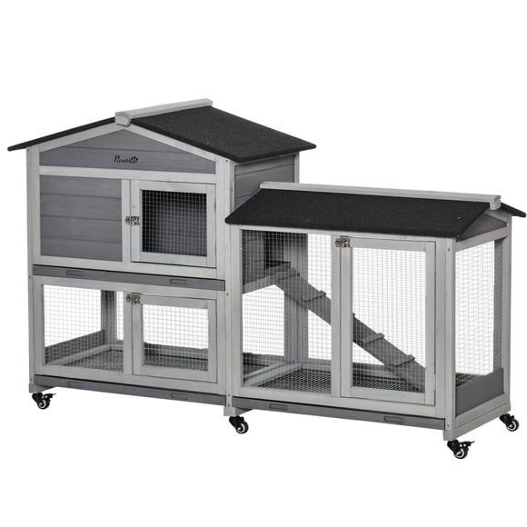 PawHut 62" Wooden Rabbit Hutch with Wheels, Run Box, Tray, Ramp, Light Grey