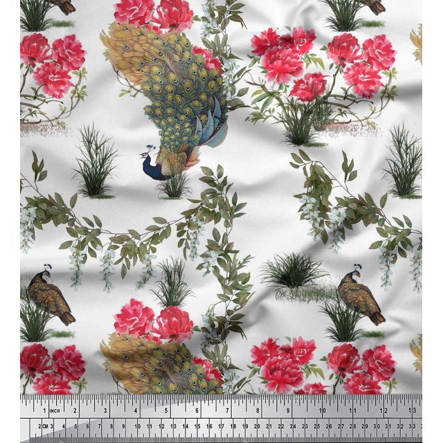 Soimoi Georgette Viscose Fabric Leaves,Floral & Peacock Bird Decor Fabric Printed Yard 42 Inch Wide