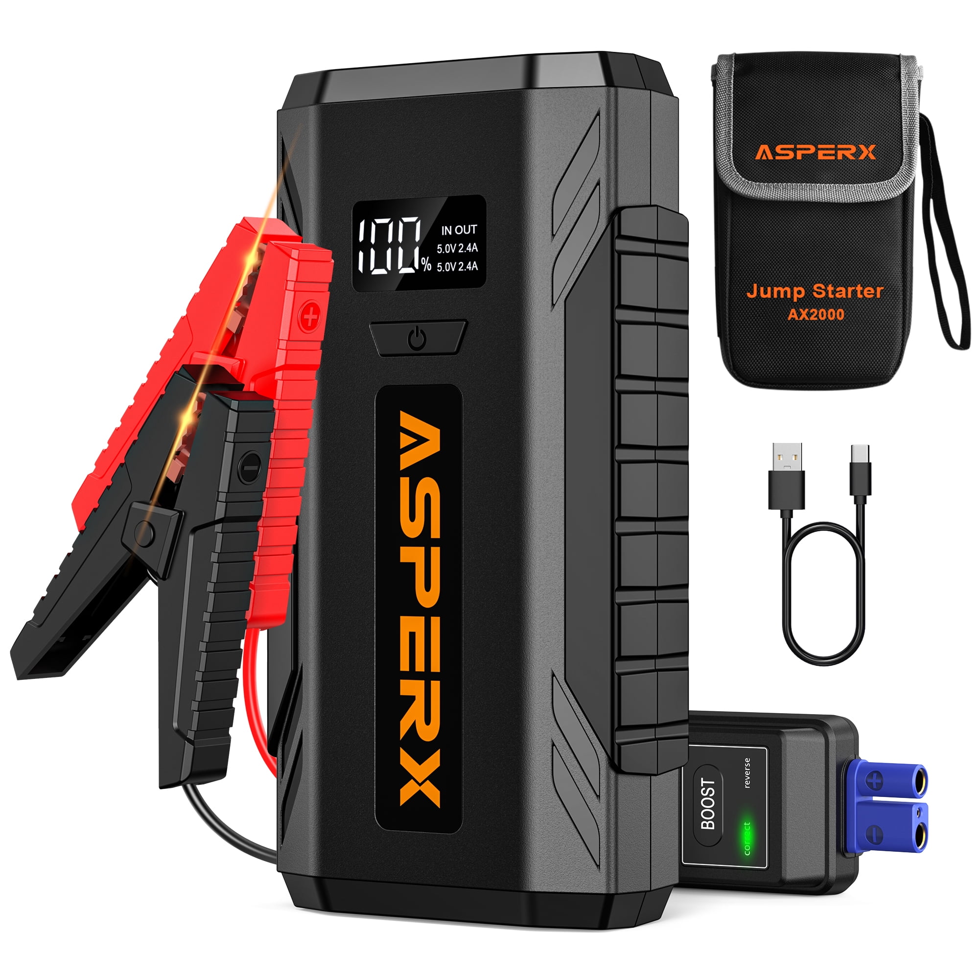 ASPERX Jump Starter for Car 2000A Peak,Portable Battery Jump Pack with LED Night Light Power Jump Boost Box,for 12V Car up to 8.0L Gas or 6.5L Diesel