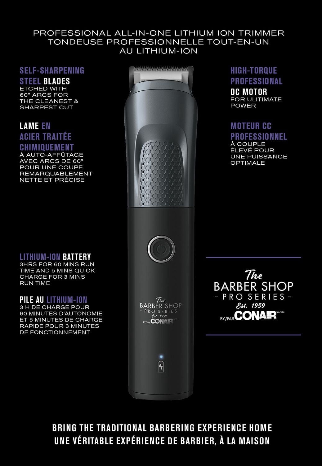 Tondeuse métallique tout‑en‑un Conair Barber Shop PRO Series, sans fil, lithium‑ion, avec rasoir grille et tête nez/oreilles