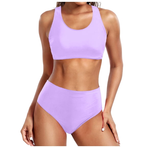Tungbrin Ensembles de Bikini pour Femmes 2 Pcs Maillot de Bain Sport Taille Haute Été Plage Couleur Unie Col Rond Maillots de Bain
