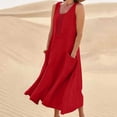 thumbnail image 2 of BiZtdJrK Robe Débardeur Bohème Rouge pour Femmes Été Sans Manches en Lin Robe de Plage Unie Col Ras du Cou Plissée Décontractée Robes d'Été avec Poches TG, 2 of 8