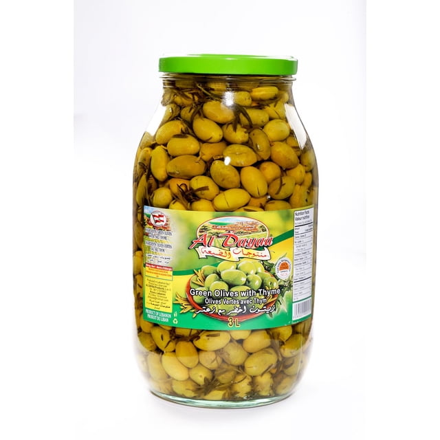 Al Dayaa Green Olives jar with 3 liters of marinated green olives and thyme sprigs in brine, featuring a green lid and label indicating Lebanese origin and Mediterranean cuisine use, suitable for enhancing salads, sandwiches, and pizzas.