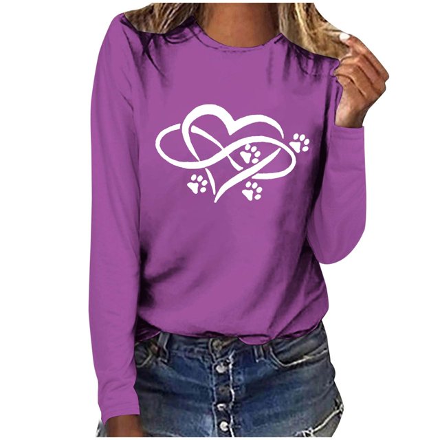 Pisexur Hauts pour Femmes Mode d'Automne T-Shirt à Imprimé Graphique Cœur Col Rond Manches Longues Chemises pour Femmes Chic Décontracté Hauts de Sortie Confort Polyvalent Blouses Légères