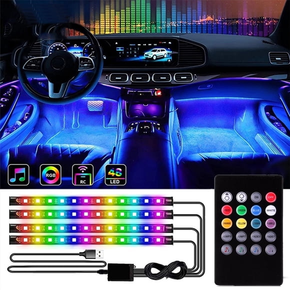 Dvkptbk Interior Car LED Strip Lights, 4Pcs Remote Control Car LED Lights, Multicolor Music Sync Under Dash LED Lights for Car Interior (Usb) Automotive Lighting Strip Car Accessories