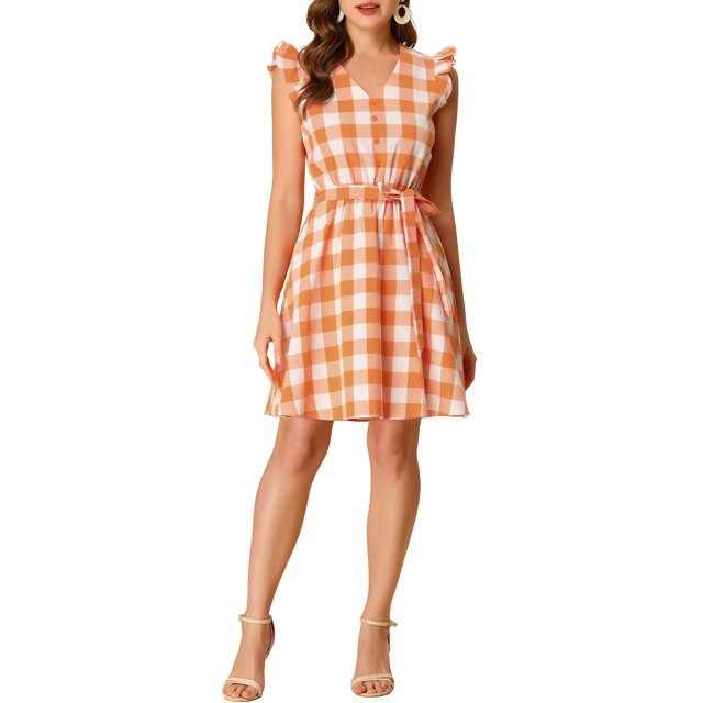 INSPIRE CHIC Women's V Neck Check Ruffled Sleeve Belted Plaids Mini Dress M Orange