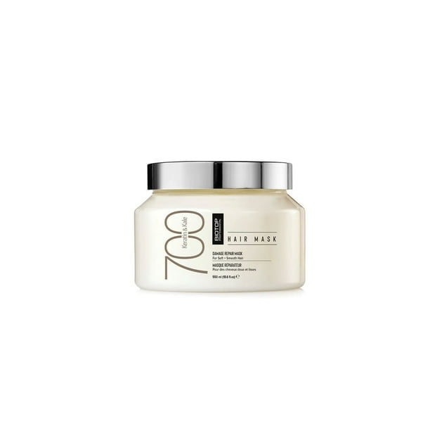 Biotop - 700 Keratin + Kale Hair Mask 550ml in a white jar with a silver lid. The label highlights its keratin protein and kale extract formula designed to restore strength, smoothness, and health to damaged or frizzy hair. Suitable for deep treatment and repair.