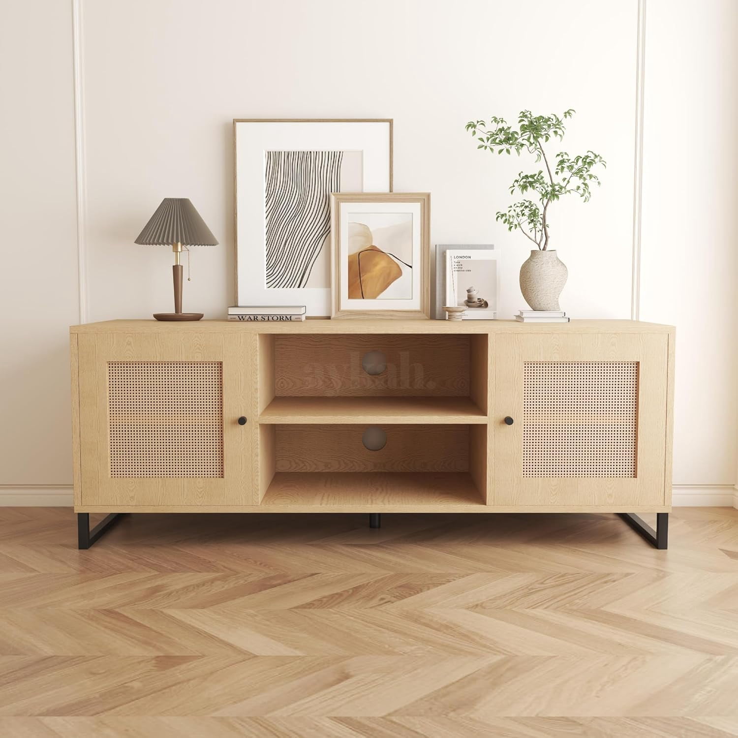 Aykah Lyra Rattan TV Stand with Storage for 45 55 60 inch TV with 2 Storage Cabinets & Shelf, Modern TV table, Tv Console with Metal Legs for Living Room