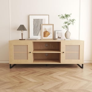 Aykah Lyra Rattan TV Stand with Storage for 45 55 60 inch TV with 2 Storage Cabinets & Shelf, Modern TV table, Tv Console with Metal Legs for Living Room