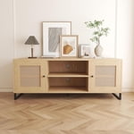 Aykah Lyra Rattan TV Stand with Storage for 45 55 60 inch TV with 2 Storage Cabinets & Shelf, Modern TV table, Tv Console with Metal Legs for Living Room