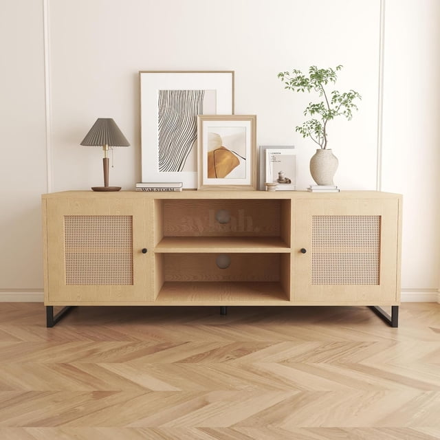 Aykah Lyra Rattan TV Stand with Storage for 45 55 60 inch TV with 2 Storage Cabinets & Shelf, Modern TV table, Tv Console with Metal Legs for Living Room
