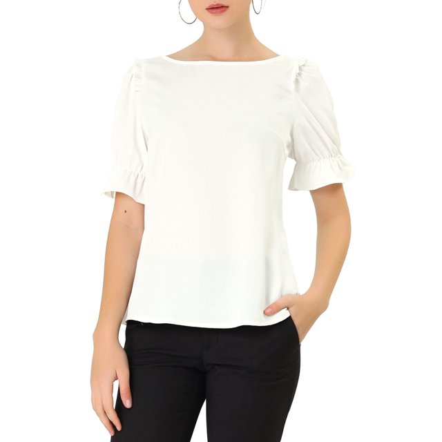 INSPIRE CHIC Women's Boat Neck Short Puff Sleeves Ruffle Top Blouses L White