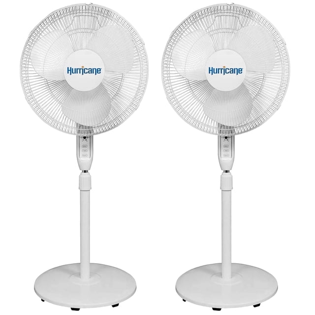 Hurricane Supreme 16 Inch 3 Speed Oscillating Stand Pedestal Fan, 2-Pack, White. These freestanding fans feature a 90-degree oscillating design with adjustable height from 41 to 55 inches. Each fan includes a remote control for easy operation of the 3-speed settings, oscillation, and timer. Constructed with durable polypropylene blades, a powder-coated steel grill, and a steel support neck, these fans are ideal for homes, greenhouses, and shops. Lightweight design and a 6-foot power cord allow for easy placement and movement. Airflow capacity of 1201 CFM and 1350 RPM on high speed.