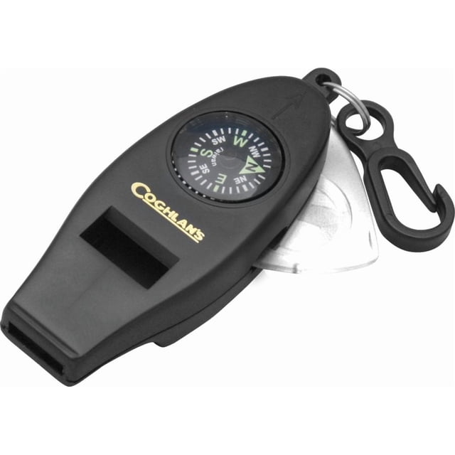 Coghlan's Whistle à Quatre Fonctions Comprenant un Corps en Plastique Noir avec une Boussole Intégrée sur le Dessus, une Ouverture de Whistle Rectangulaire, une Loupe Partiellement Étendue et un clip Noir Fixé par un Anneau en Métal pour une Utilisation Extérieure Facile en navigation et Signalisation.