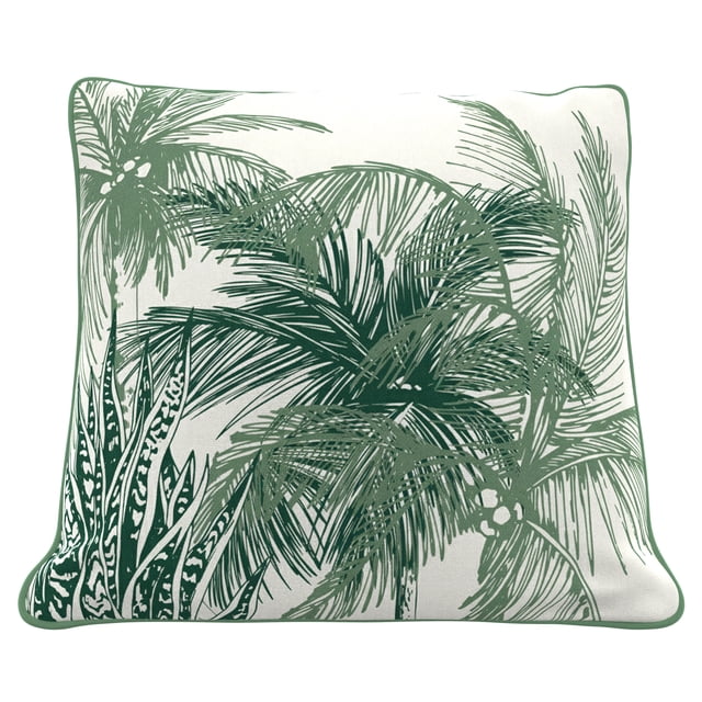 HOMETRENDS 16" x 16" Palms Outdoor Toss Cushion with white background and green palm leaf pattern, made from water- and fade-resistant recycled polyester with green piped edges, reversible design ideal for patio or porch seating and outdoor decor.