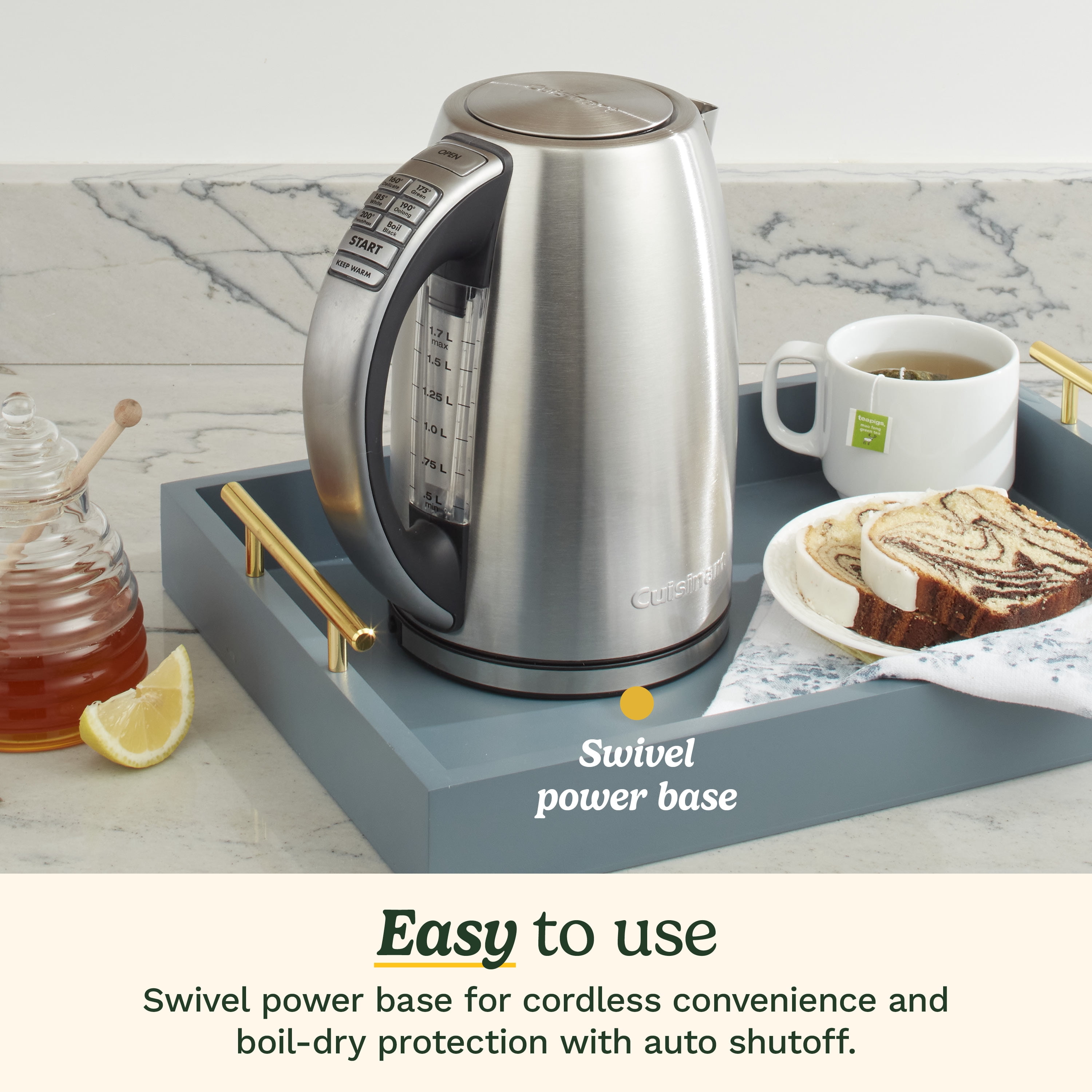Bouilloire électrique Cuisinart PerfecTemp 1,7 L, chauffe rapide 1500 W, 6 températures préréglées, maintien au chaud 30 min, sans fil, acier inoxydable (CPK-17C)