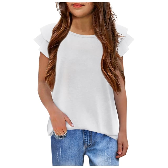 Toddler Girls Summer Tops Tees Stylish Flutter Sleeve Ruffles Loose Fit Short Sleeve Casual Tee Blouse Daily Spring Shirts For Kid 3-4T