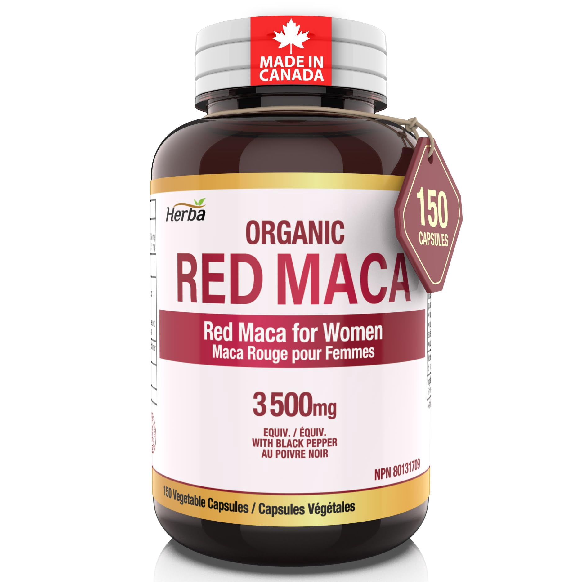 Herba Organic Red Maca for Women 3500mg – 150 Capsules | Made in Canada