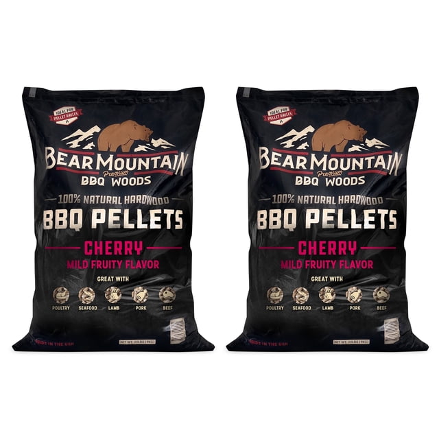 Bear Mountain BBQ Natural Hardwood Cherry Smoker Pellets, 20 lbs (2 Pack). Two black 20-pound bags of all-natural hardwood BBQ pellets with a cherry flavor, designed for outdoor pellet grills, smokers, gas, charcoal, and electric grills. The packaging highlights the mild fruity flavor and suitability for poultry, seafood, lamb, pork, and beef.