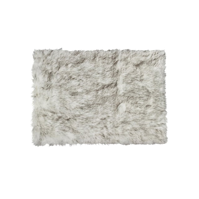 H-Luxe Hudson Faux Fur 2'X3' Rug, a rectangular accent rug with thick, plush faux sheepskin pile in mottled light grey and white. Made from acrylic plush with a microsuede anti-skid backing, ideal for indoor use on floors or draped over furniture for added warmth and comfort.