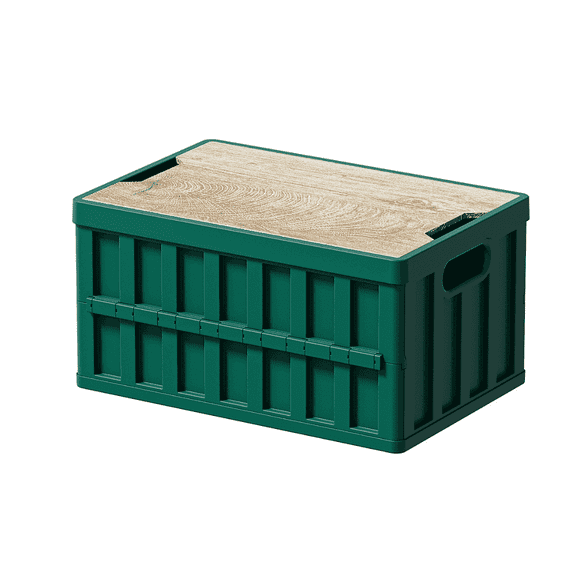 SpaceMuse Camping Storage Box, 50L Foldable Bin with Pine Wood Lid, Collapsible Folding Crate Plastic Storage Crates for Outdoor Activities, Navy Blue