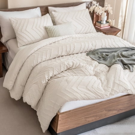 Andency Comforter Full Size Set, Beige Boho Cream Soft Warm Tufted Neutral Bedding Comforter Sets for Full Size Bed, 3 Pieces Aesthetic Chevron Farmhouse Cute Bohemian Te