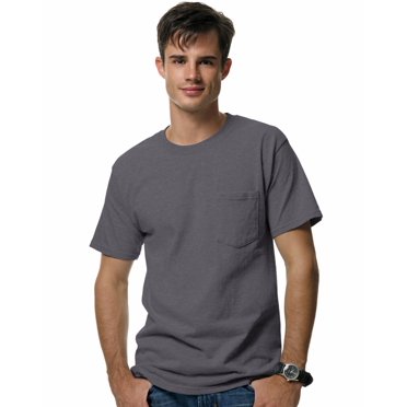 Hanes Beefy-T Men`s Pocket T-Shirt, XL, Smoke Gray