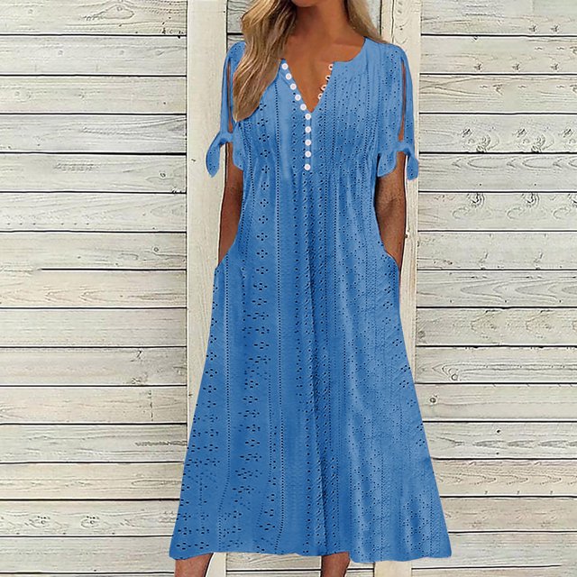 Babysbule Liquidation Robes d'Été pour Femmes, Mode Femmes Décontractée Ample Imprimé Papillon Col en V Manches Mi-Longues Boutons Poches Robe Longue