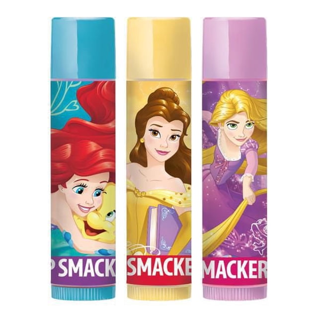 LS Lip Smacker Ensemble de Baumes à Lèvres en Barbe à Papa avec Trois tubes à Thème Princesse Disney Mettant en Vedette Ariel avec un Flet sur le Bleu, Belle Tenant un Livre sur le Jaune et Raiponce aux Longs Cheveux sur le Violet, Offrant Chacun une Hydratation Scintillante et une Brillance Douce.
