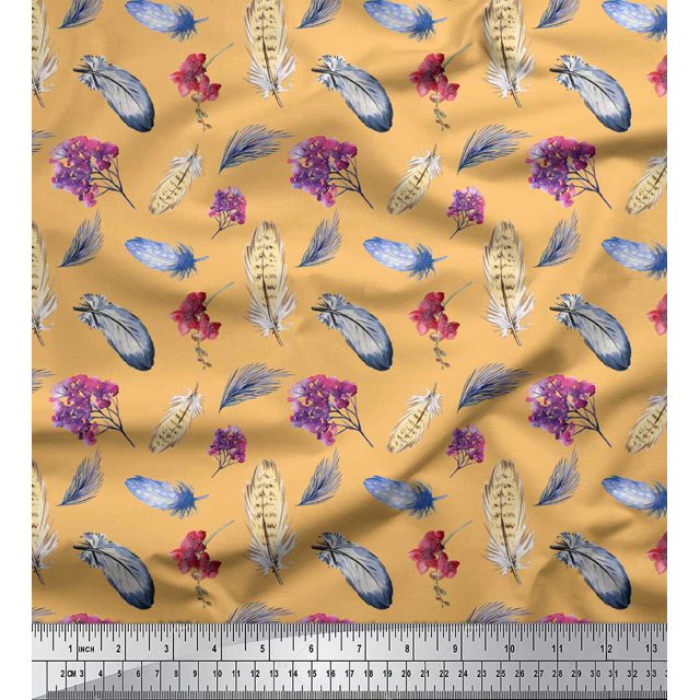 Soimoi Orange Silk Fabric Feather & Floral Printed Craft Fabric by the Yard 42 Inch Wide