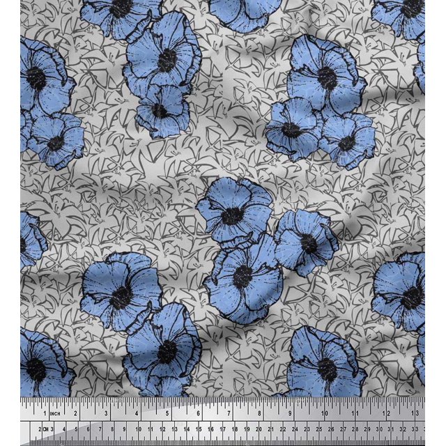 Soimoi Silk Fabric Anemone Floral Print Fabric by Yard 42 Inch Wide