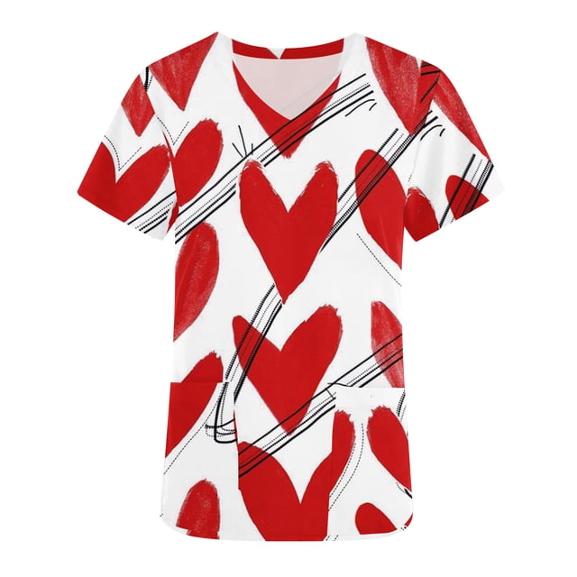 TIMIFIS Haut de Sarrau Rouge Femme Imprimé Manches Courtes Col en V Hauts Uniforme de Travail Imprimé de la Saint-Valentin avec Poche Blouse avec Poches-Rouge - Printemps