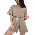 thumbnail image 1 of Yuyuzo Ensembles 2 Pcs pour Femmes Col Rond Manches Courtes Hauts Courts Shorts Taille Haute à Cordon Ensembles de Détente, 1 of 6