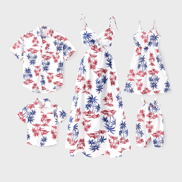 PatPat Ensembles Assortis pour la Famille Chemise de Plage à Motif de Feuilles Ou Nœud à l'Avant Taille Élastique Ensembles Coordonnés
