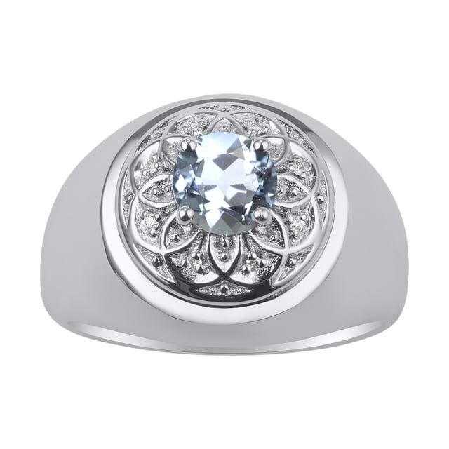 RYLOS Men's Rings 14K White Gold Designer Gypsy 7MM Round Gemstone & Diamond Ring Aquamarine March Birthstone Rings Size 11