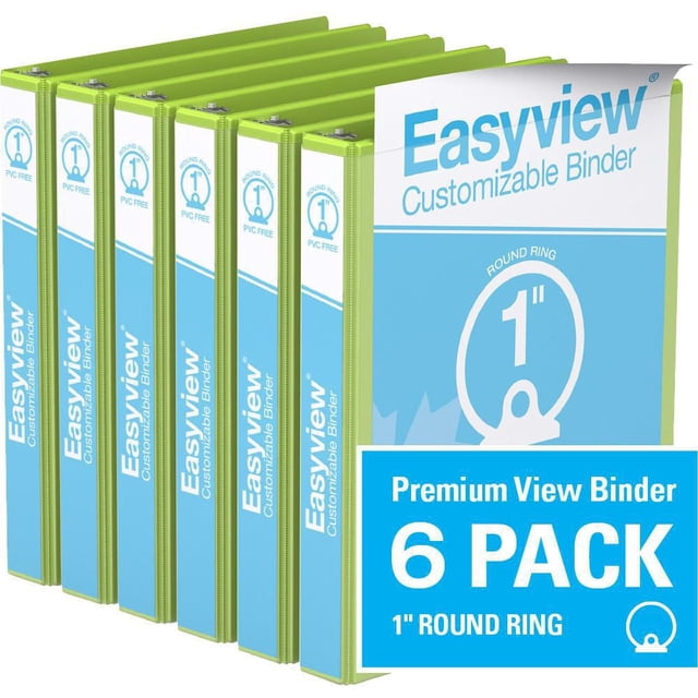 Davis Group Easyview Premium Round Ring Customizable View Binder 6 Pack 1 inch with six green binders featuring clear overlay covers and spine pockets, PVC-free polypropylene construction, back-mounted 1 inch round rings for flat page viewing, suitable for presentations, manuals, and reports.