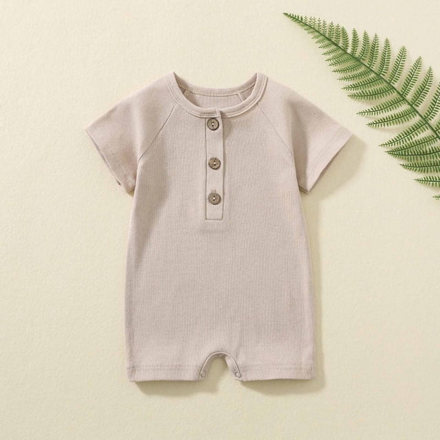 UPPADA Spring Baby Girl Clothes Toddler Baby Girl And Boys 2024 Summer Rompers Short Sleeve Crewneck Jumpsuits Cotton Ribbed Button Solid Infant Onesie Prime Daily Deals