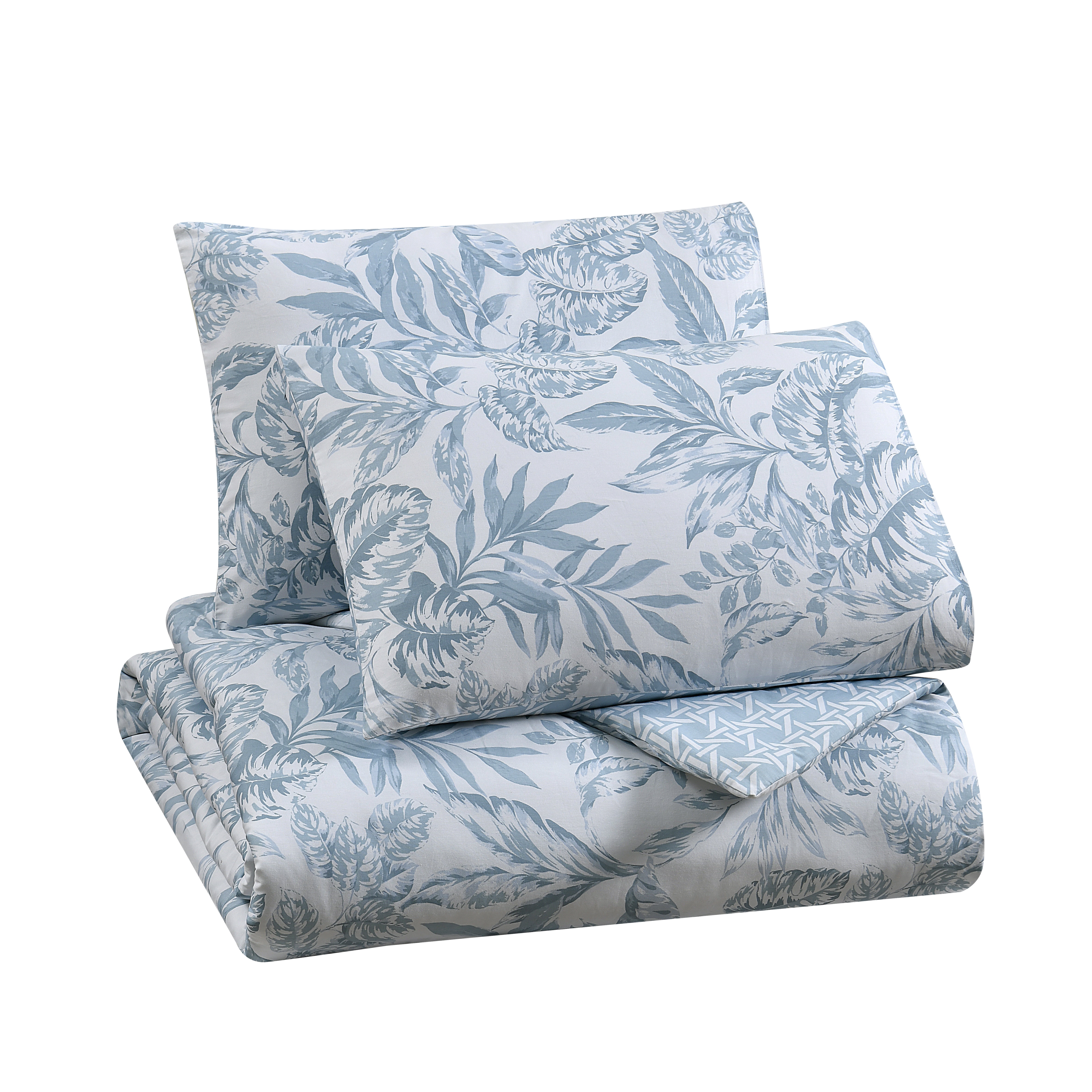 C&C California, Ensemble d’édredon réversible imprimée à motif feuilles, 100 % coton, respirant, confort toutes saisons, 3 pièces, Très Grand Lit, bleu