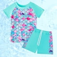 thumbnail image 2 of PMVFHDE Girls Scale Print Swim Set | Short Sleeve Rash Guard & Swim Shorts | Kids UV Protection Bathing Suit Sky Blue,5-6 Years, 2 of 9