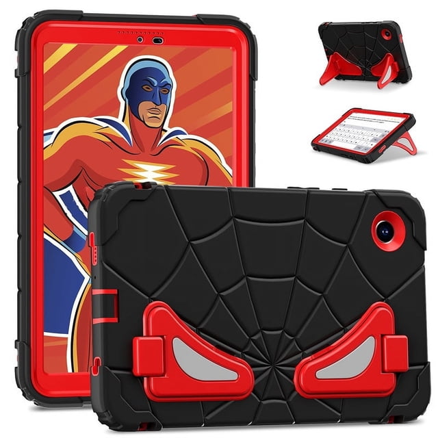Étui Support pour Tablette pour Enfants pour Samsung Galaxy Tab A9 Plus 11 Pouces et Tab A9 8.7 Pouces 2023 en Noir et Rouge. l'Étui Présente un design Toile d'Araignée avec accents Rouges, un Support Intégré, et des Découpes Précises pour l'Appareil Photo et les ports. Fabriqué en Matériau EVA durable, Offre une Résistance aux Chutes, Anti-Poussière et une protection Antichoc. Convient aux Modèles Samsung Galaxy Tab A9 Plus 11 2023 SM-X210/SM-X215 et Tab A9 8.7 2023 SM