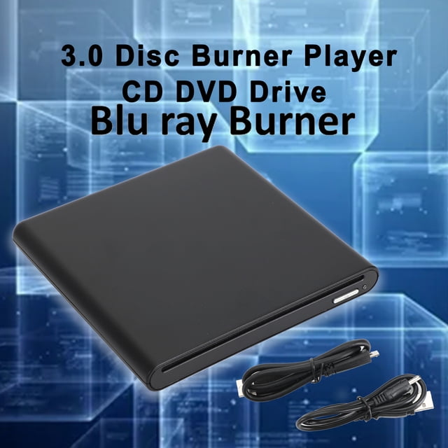 Blu ray Burner USB External BD-R BD DVD CD RW Disc Writer Movie Player in black. This external optical drive features a slot-in design and supports Blu ray, DVD, and CD reading and writing. It is compatible with USB 3.0 and works with desktops, laptops, MacBook Pro/Air, and Windows XP/7/8/10. The package includes a USB data cable, power cable, and instruction manual.