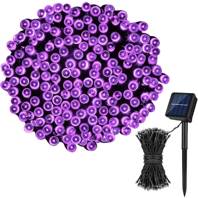 RKSTN Fall Decorations for Home Solar String Lights Outdoor, 72ft with 200 LED solar-powered Christmas lights in a vibrant purple color. Features 8 lighting modes, including combination, waves, and fading. Includes a solar panel with a stake for easy installation. Water-resistant design suitable for gardens, parties, weddings, and festive decorations.