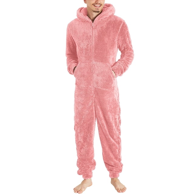 UAMVSH Mens Fuzzy Fleece Hooded Jumpsuits Warm Plus Size Long Sleeve Zipper Plush Pajama Onesies with Pockets Winter One-Piece Rompers(3X-LargePink)