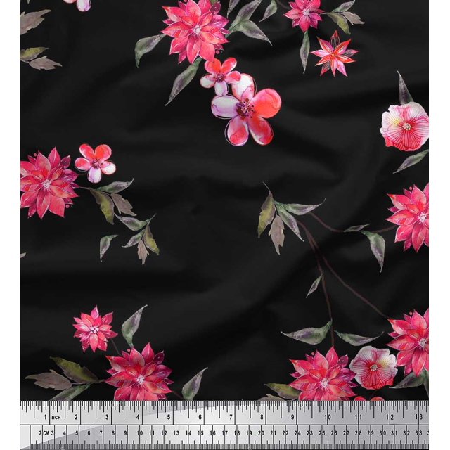 Soimoi Tissu Poly Georgette Feuilles et Imprimé de Fleurs Roses au Mètre, 52 Pouces de Large