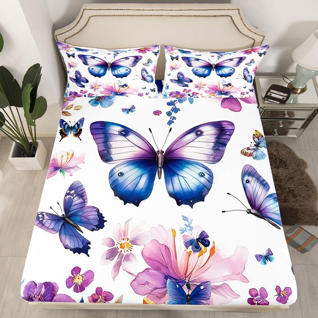 Purple Butterfly Bedding Set for Kids Boys Country Rustic Style Fitted Sheet Spring Blooming Flowers Bed Cover Room Decor Soft Polyester Sheet Set with 1 Pillowcase,No Top Flat Sheet,Twin