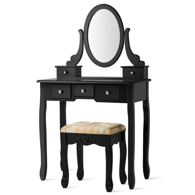 Costway Ensemble de Coiffeuse Ensemble de Table de Toilette avec 5 Tiroirs Table de Maquillage et Tabouret Ensemble Noir