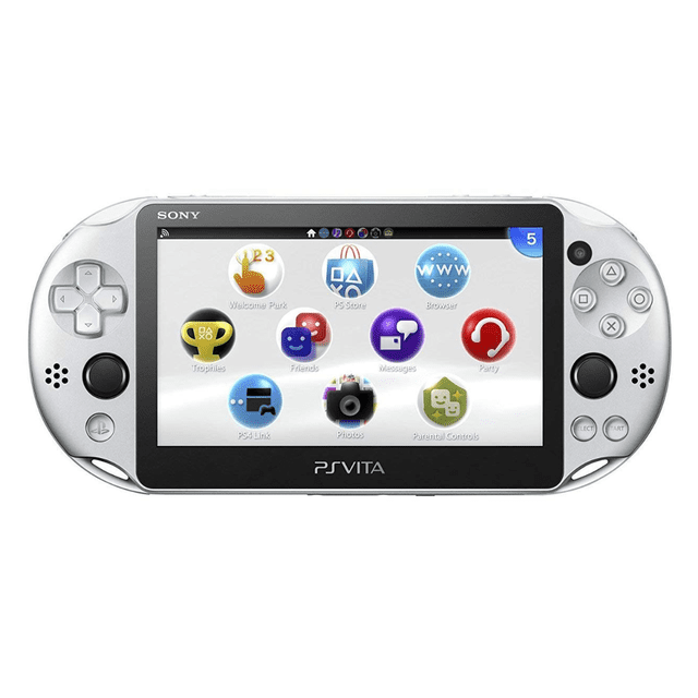 Sony - PS Vita 2000 PlayStation Console de Jeu Vidéo Portative en Argent, Remise à Neuf. le design Élégant et Léger Présente un Écran LCD vibrant de 5 Pouces Affichant Diverses Icônes d'App, Y Compris PS Store, Navigateur et Trophées. Équipée de Doubles sticks Analogiques, de Panneaux Tactiles avant et Arrière, et d'Un Stockage Intégré de 1 Go, Cette Console Offre une Autonomie Améliorée et un Accès à une Immense Bibliothèque Numérique de Jeux PS Vita, PSP et PS One. Idéale pour les Jeux Portatifs et le Jeu à Distance