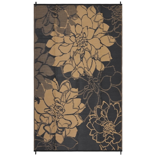 Tapis d'Extérieur Réversible Imperméable – Tapis de Patio en Paille Plastique Durable, Résistant aux UV, Facile à Nettoyer, Léger et Pliable, Parfait pour le Camping, le Jardin, la Terrasse, le Porche et le VR – 9x12 Pieds, Noir Brun, É.-U.