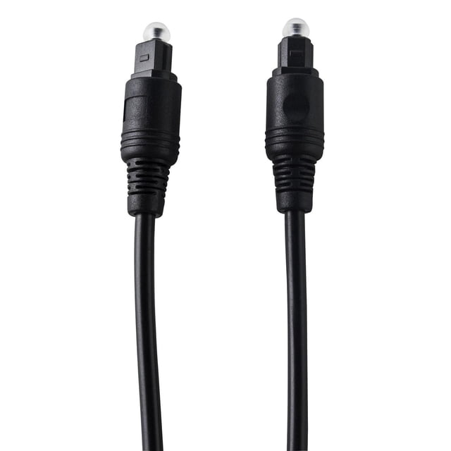 onn. 6 FT./1.8 m Digital Optical Audio Cable in black with durable PVC outer layer, featuring polished optical connectors with clear caps, ideal for connecting soundbars, TVs, gaming systems, and laptops for digital 24-bit sound via fibre optics.